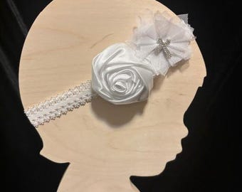 Christening Headband Little Girl's Baby Baptism Headband White Satin Flower Headband