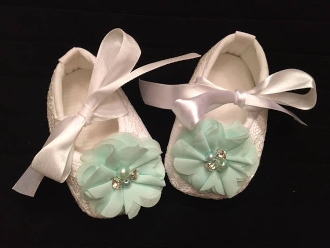 White Lace Baby Shoes With Mint Green Flower Baby Flower Girl Baby