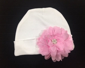 Newborn Baby Girl's Cap White with Pink flower and Rhinestone ~ Baby Girl Hospital Cap, Baby Hat, Baby Beanie Cap ~ Going Home Outfit