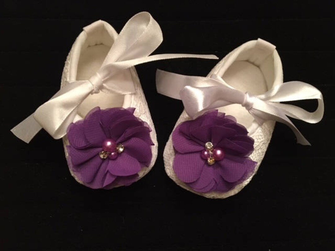White Lace Baby Shoes White Shoes With Purple Flower Accent Flower Girl