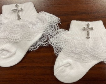 White Lace Baby Socks  ~ Christening Socks - Baby Girl Baptism Dedication Christmas Socks - Formal lace dress socks with Rhinestone Cross