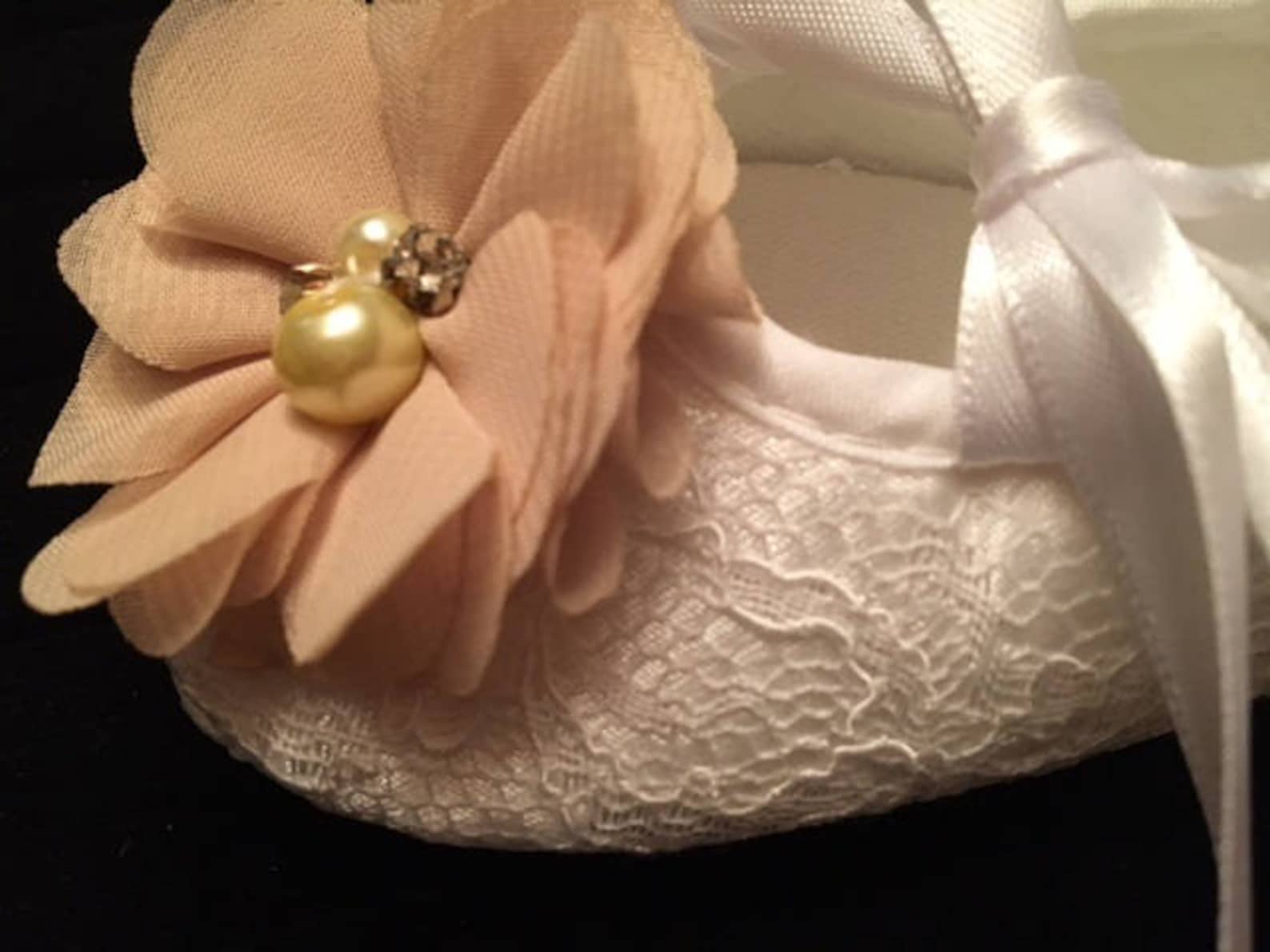 white lace baby shoes with champagne flower - baby flower girl baby shoes - baby dress christmas shoes - baby ballet slippers