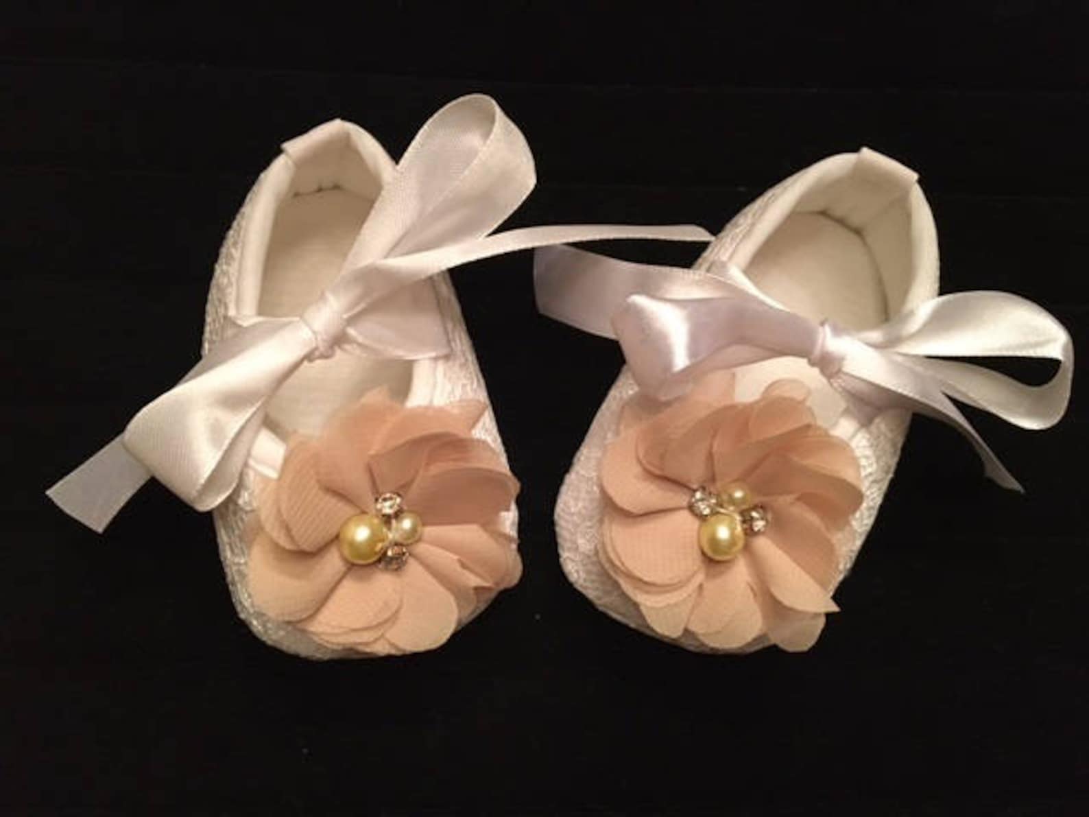 white lace baby shoes with champagne flower - baby flower girl baby shoes - baby dress christmas shoes - baby ballet slippers