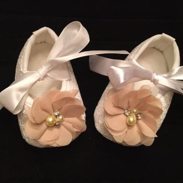 White Lace Baby Shoes with Champagne Flower - Baby Flower Girl Baby Shoes - Baby Dress Christmas Shoes - Baby Ballet Slippers