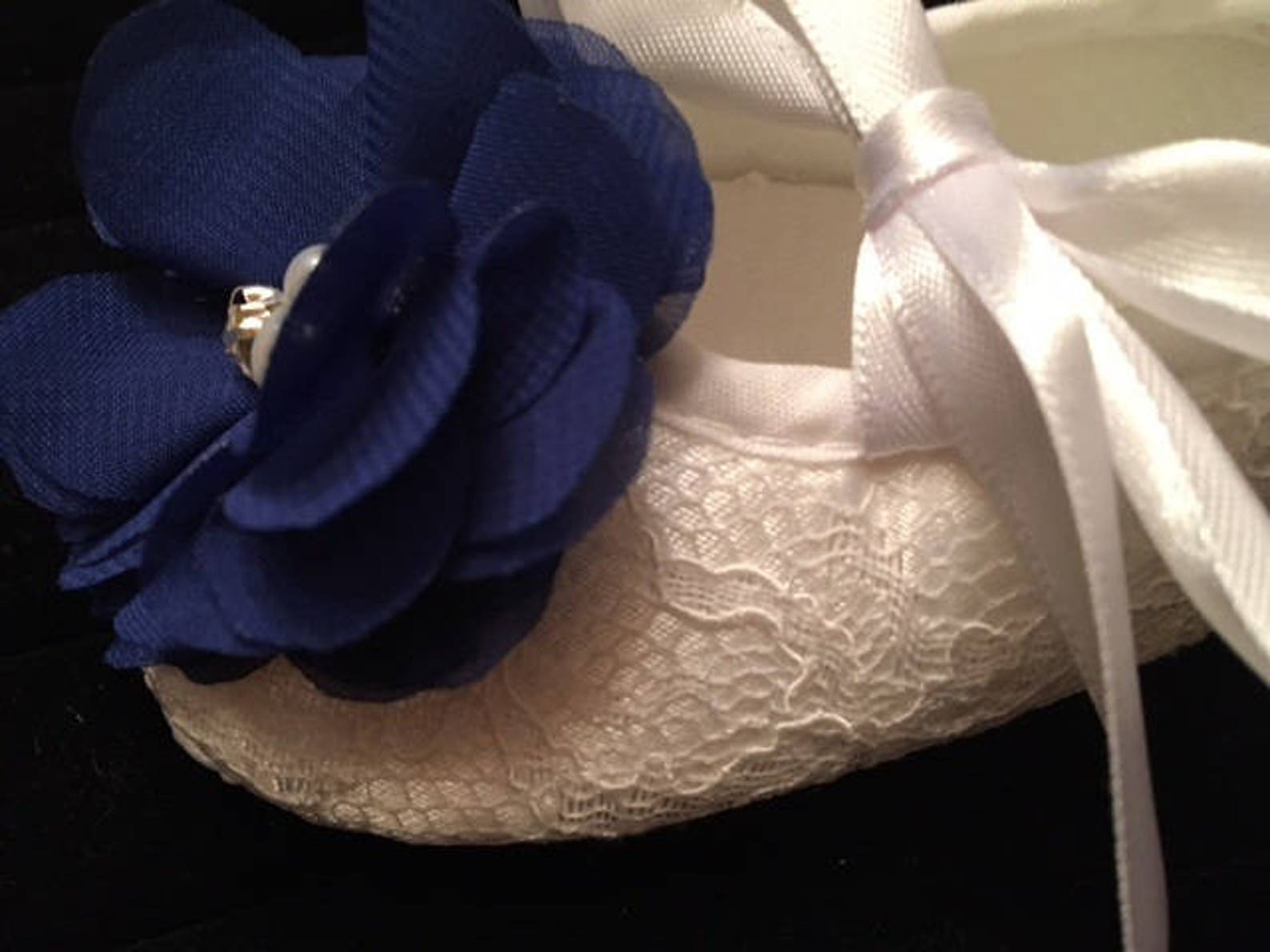 white lace baby shoes with royal blue flower - baby flower girl baby shoes - baby dress christmas shoes - baby ballet slippers