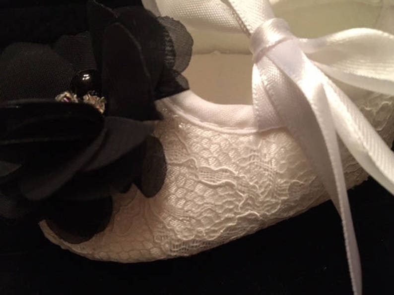 White Lace Baby Shoes with Black Flower Baby Flower Girl Baby Shoes Baby Dress Christmas Shoes Baby Ballet Slippers image 2