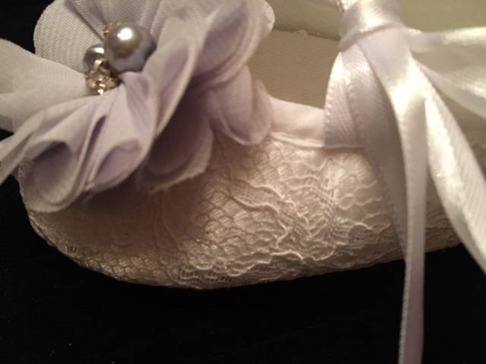 white lace baby shoes with gray flower accent - grey baby flower girl shoes - baby dress christmas shoes - baby ballet slippers