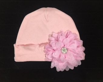 Newborn Baby Cap Pink with Pink flower and Rhinestone Pearl Accent ~ Baby Girl Hospital Cap, Baby Hat, Baby Beanie Cap ~ Going Home Outfit