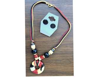 Handmade Ceramic Pendant Necklace and Earrings Set - Boho Beaded Jewelry
