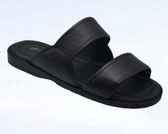 Genuine Leather Men's Sandals - Black Slip-on Style