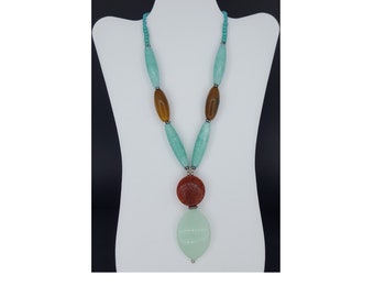 Handmade Agate & Blue Jade Gemstone Pendant Necklace - Boho Style