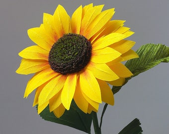 Tournesol en papier | Fleur de crêpe | Décoration florale en papier | Décoration de fête | Décoration de mariage de jardin | Cadeau d'anniversaire en papier | Bouquet de papier