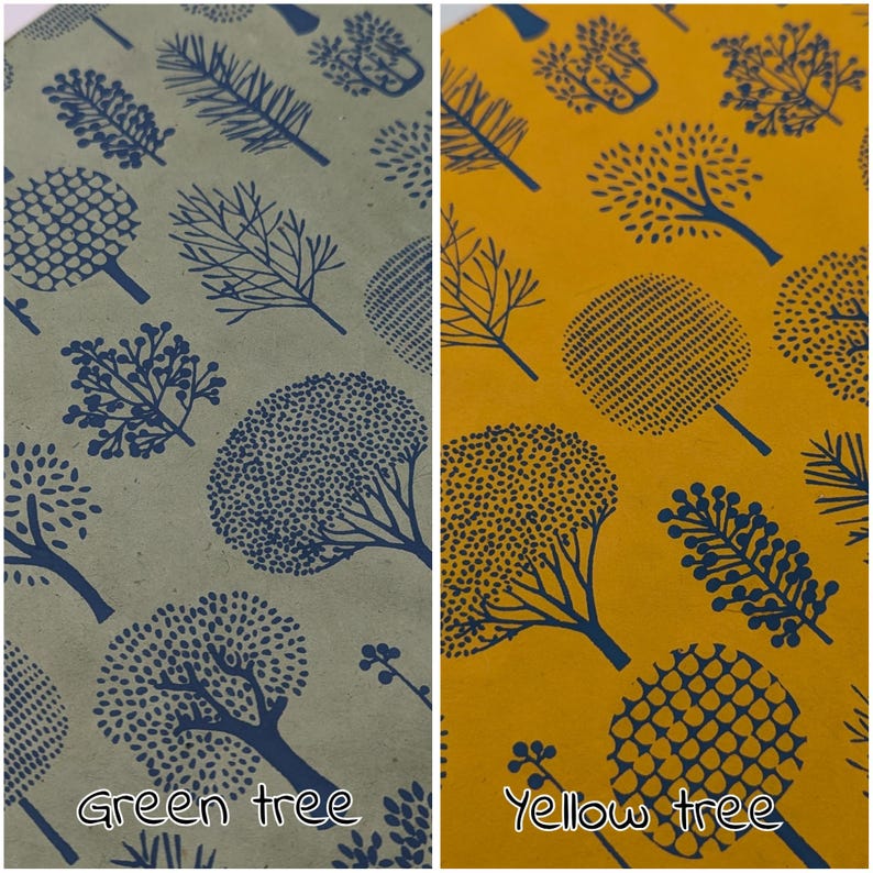 May include: Two patterned backgrounds, one green and one yellow, each with a repeating design of stylized trees in navy blue. The green background has the text "Green tree" and the yellow background has the text "Yellow tree".