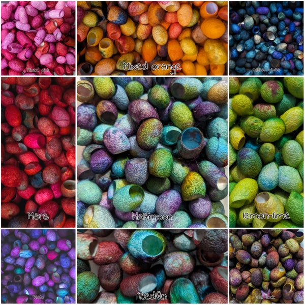 SILK COCOONS packs of 5 or 10, Dyed Packs, pictures are for color reference only.