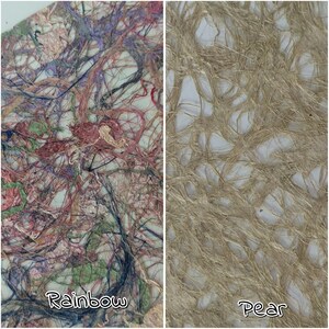 May include: Two textured paper samples. The left sample is a mix of rainbow colors with the word "Rainbow" in white script. The right sample is a pear-colored texture with the word "Pear" in white script.