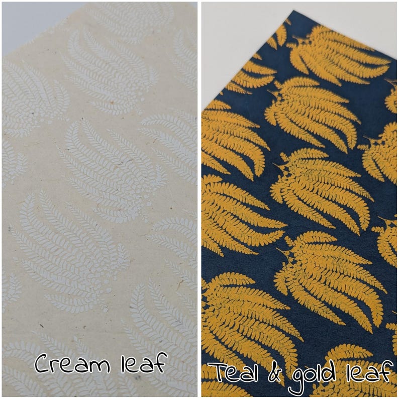 May include: Two patterned paper samples. One is cream-colored with white leaf designs, labeled "Cream leaf." The other is teal with gold leaf designs, labeled "Teal & gold leaf."