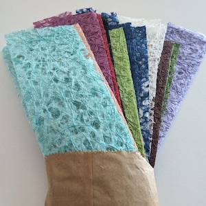 LACE PAPER packs, off cuts of paper, great for scrap books and journaling, beautiful paper with bark and plant material. 12 colours