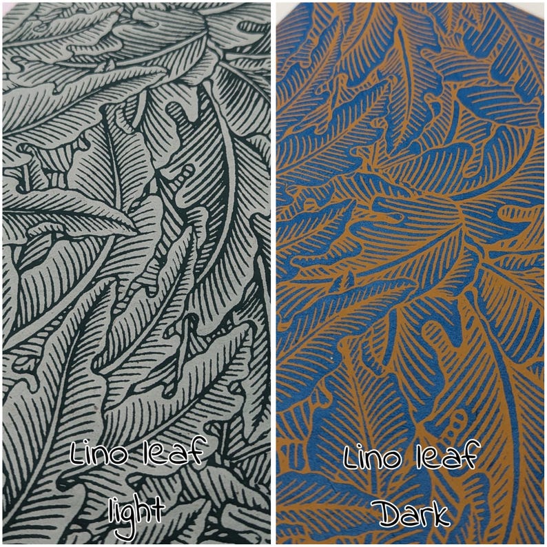 May include: Two panels showcasing leaf patterns. The left panel features a light gray background with dark gray leaf designs, labeled "Lino leaf light." The right panel displays a blue background with gold leaf designs, labeled "Lino leaf Dark."