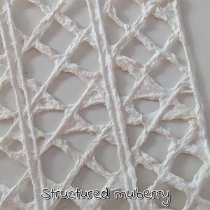 Puede incluir: Primer plano de papel de morera blanco texturizado y estructurado con un patrón de diamantes. El papel presenta una red de líneas interconectadas que crean espacios abiertos. El texto "Structured mulberry" está en la parte inferior.
