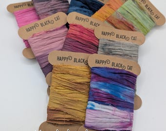 SARI SILK RIBBON, Limited edition, sold in meters. Dip dyed, multi  tie dyed.  recycled and reclaimed pictures are for color reference only.