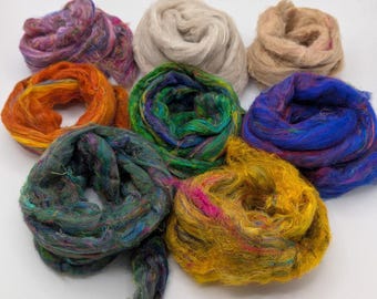 SARI SILK ROVING, sari silk sliver, sari silk waste, 1 meter lengths. recycled and reclaimed  pictures are for color reference only.