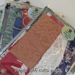 May include: A collection of paper off-cuts in various colors and patterns, packaged in clear plastic. The selection includes a variety of designs, including floral and abstract prints. The packaging includes a sticker that says "Paper Off-cuts Selection 100g".