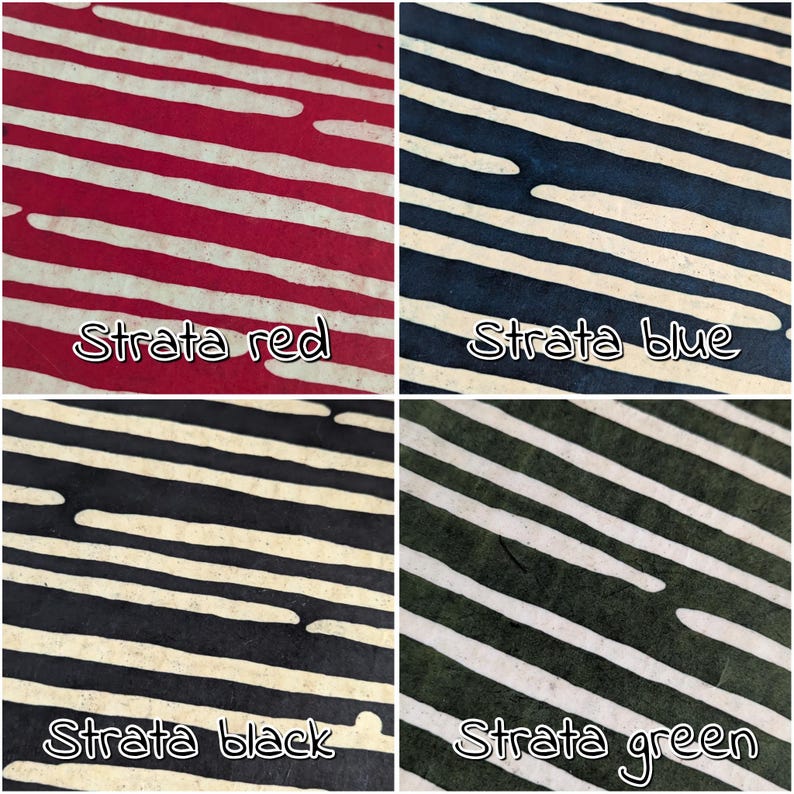 May include: Four fabric swatches with diagonal white stripes on red, blue, black, and green backgrounds. Each swatch is labeled with the text "Strata" followed by the color name. The fabrics have a textured appearance.