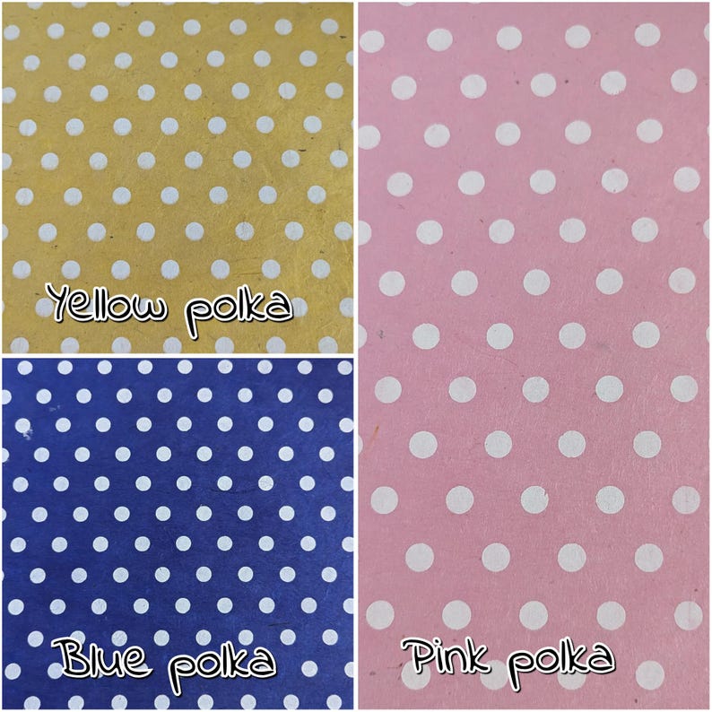May include: A collage of three polka dot patterns: yellow, blue, and pink. Each pattern features white dots on a colored background. The text "Yellow polka", "Blue polka", and "Pink polka" is written below each pattern.