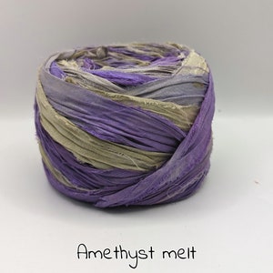NeW, SARI SILK RIBBON sold in meters. recycled and reclaimed Ombre dyed, Dip dyed, tie dyed. pictures are for color reference only. Amethyst melt