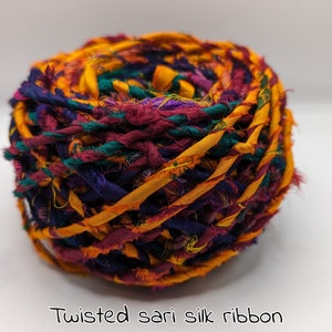 SARI SILK Ribbon, Twisted into yarn, sold in meters  recycled and reclaimed pictures are for color reference only