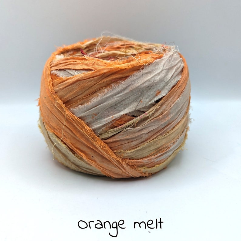 NeW, SARI SILK RIBBON sold in meters. recycled and reclaimed Ombre dyed, Dip dyed, tie dyed. pictures are for color reference only. Orange melt