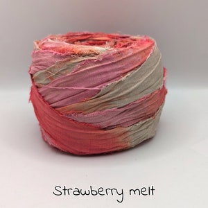 NeW, SARI SILK RIBBON sold in meters. recycled and reclaimed Ombre dyed, Dip dyed, tie dyed. pictures are for color reference only. Strawberry melt