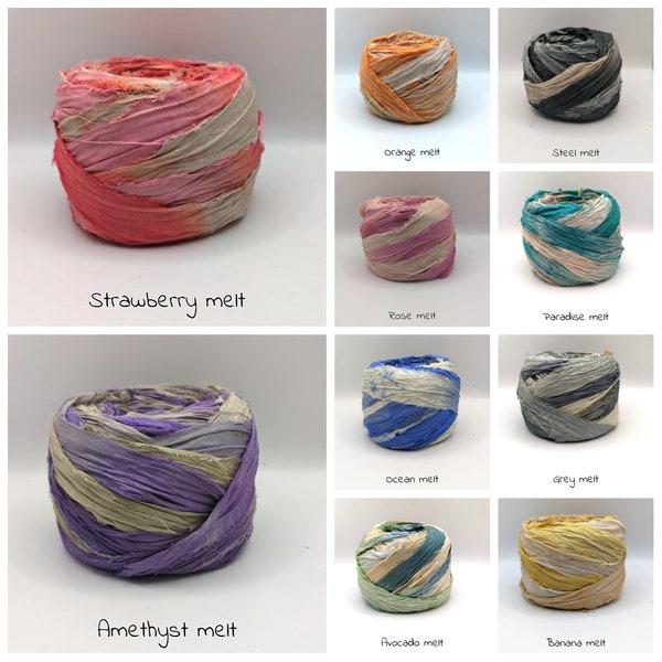 NeW, SARI SILK RIBBON sold in meters.  recycled and reclaimed Ombre dyed, Dip dyed, tie dyed. pictures are for color reference only.