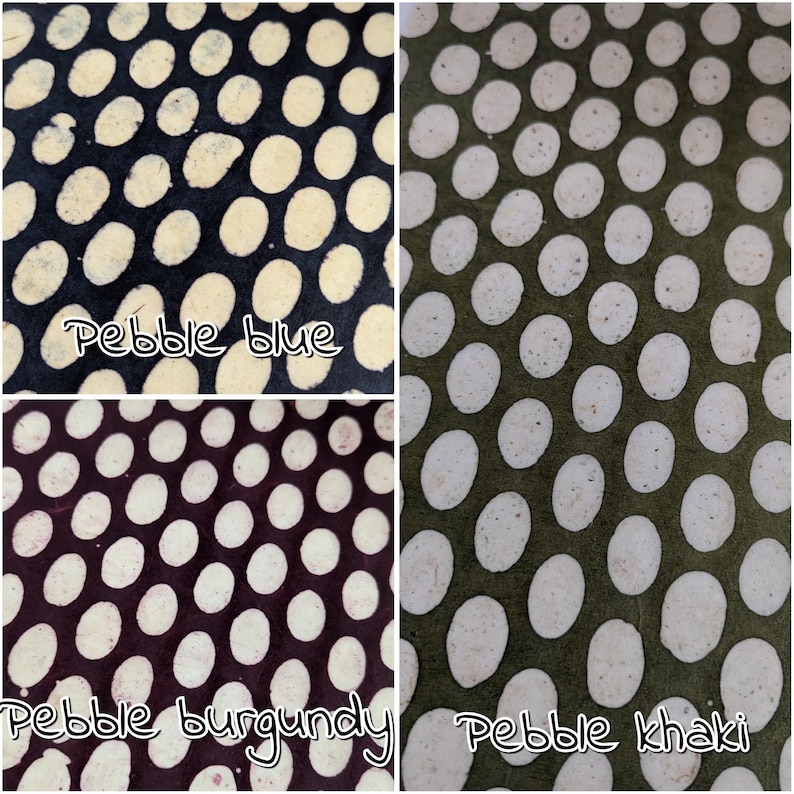 May include: A collage of four fabric swatches with a pebble pattern. The colors are pebble blue, pebble burgundy, and pebble khaki. Each swatch has a dark background with light-colored oval shapes evenly spaced across the surface. The text "Pebble blue", "Pebble burgundy", and "Pebble khaki" are written on the swatches.