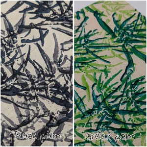 May include: Two abstract art pieces side-by-side. The left piece features a black palm design on a beige background. The right piece has a green palm design on a beige background. The text "Black palm" and "Green palm" are at the bottom.