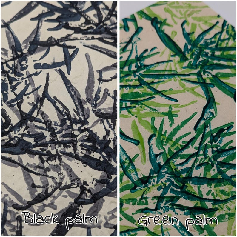 May include: Two abstract art pieces side-by-side. The left piece features a black palm design on a beige background. The right piece has a green palm design on a beige background. The text "Black palm" and "Green palm" are at the bottom.