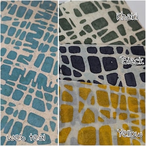 May include: A collage of patterned paper samples in web teal, khaki, black, and yellow. Each sample features a grid-like design with irregular shapes. The colors are printed on a cream-colored background. The text "web teal", "Khaki", "Black", and "Yellow" are visible.