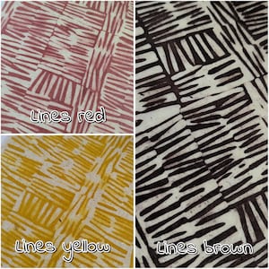 May include: A collage of three fabric swatches with a linear pattern. The top left swatch is red, the bottom left is yellow, and the top right is brown. Each swatch has the words "Lines" followed by the color name.
