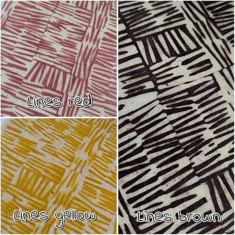 May include: A collage of three fabric swatches with a linear pattern. The top left swatch is red, the bottom left is yellow, and the top right is brown. Each swatch has the words "Lines" followed by the color name.