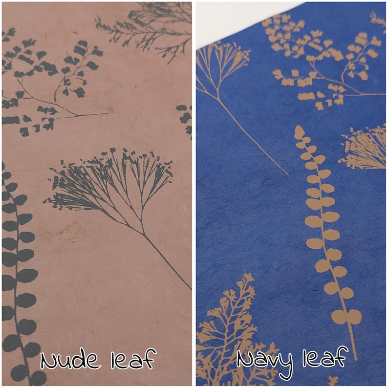 May include: Two sheets of paper with botanical designs. One is nude with dark gray leaf patterns, the other is navy blue with gold leaf patterns. The text "Nude leaf" and "Navy leaf" are visible at the bottom of each sheet.
