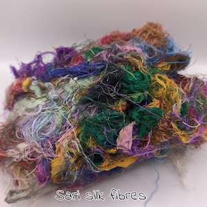 SARI SILK FIBERS, sari silk waste, mixed colors, from 10g. recycled and reclaimed  pictures are for color reference only.