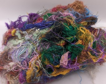 SARI SILK FIBERS, sari silk waste, mixed colors, from 10g. recycled and reclaimed  pictures are for color reference only.
