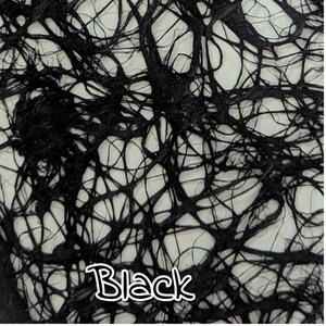 May include: Close-up of a black, textured fabric with a web-like pattern. The fabric has a network of thick, dark lines against a lighter background. The word "Black" is written in a white, stylized font.