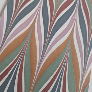 May include: Close-up of patterned paper with a repeating design. The design features curved, elongated shapes in various colours, including white, pink, orange, green, blue, and burgundy. The pattern is symmetrical and visually appealing, suitable for decorative purposes.