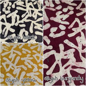 May include: A collage of four images showcasing abstract patterns. The patterns feature a white glyph design against backgrounds of black, burgundy, and yellow. The text "Glyph black", "Glyph yellow", and "Glyph burgundy" is included.