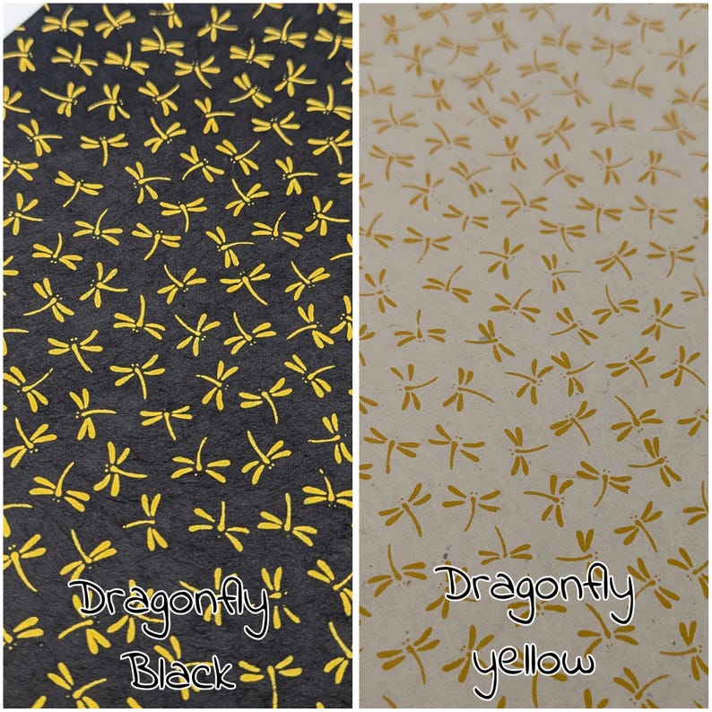 May include: Two patterned papers, one black with yellow dragonflies and the other beige with yellow dragonflies. The text "Dragonfly Black" and "Dragonfly yellow" are written on the bottom of each paper.