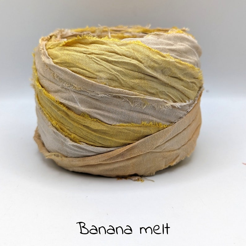 NeW, SARI SILK RIBBON sold in meters. recycled and reclaimed Ombre dyed, Dip dyed, tie dyed. pictures are for color reference only. Banana melt