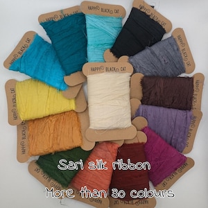 SARI SILK RIBBON. Over 40 colors, From 1 meter lengths. Recycled and reclaimed  pictures are for reference only.