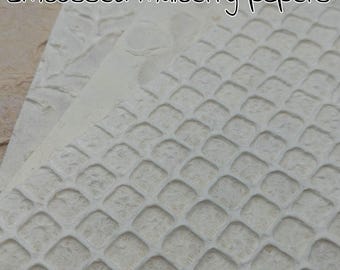 May include: Off-white and beige mulberry papers with embossed textures. The top sheet features a raised grid pattern of rounded squares, while the sheet underneath displays a subtle, organic leaf-like embossed design. Text reads: Embossed mulberry papers.