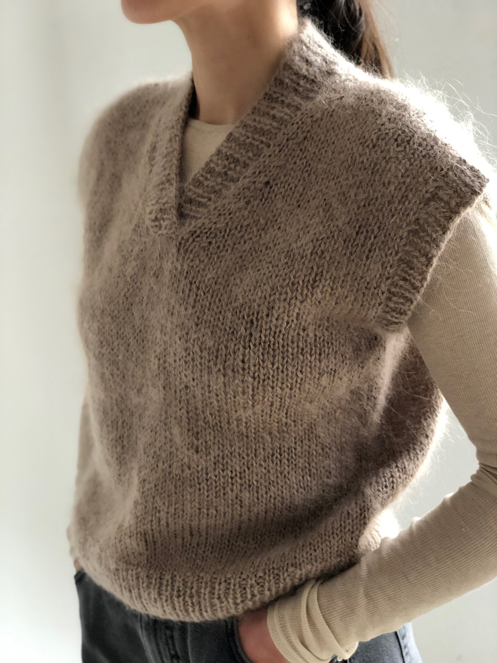 Hand knit mohair vest Beige Vintage style v neck minimal Etsy